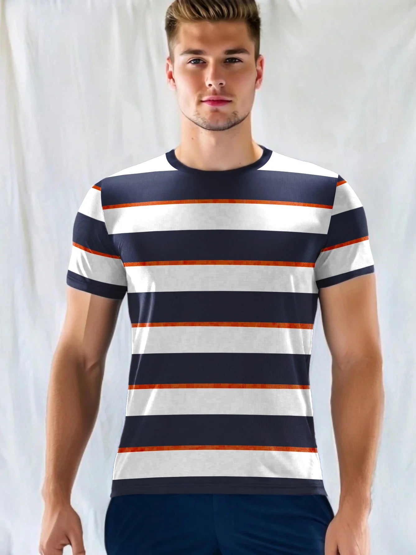 Single Jersey Crew Neck Tee Shirt For Men-White with Navy Stripe