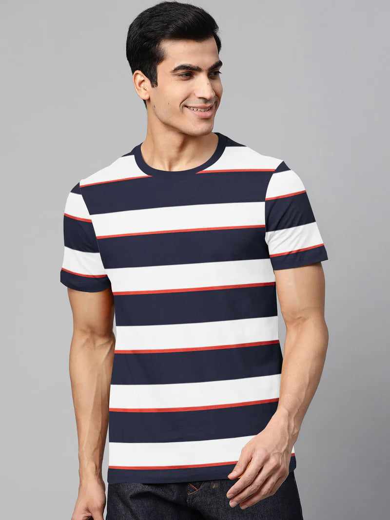 Single Jersey Crew Neck Tee Shirt For Men-White with Navy Stripe